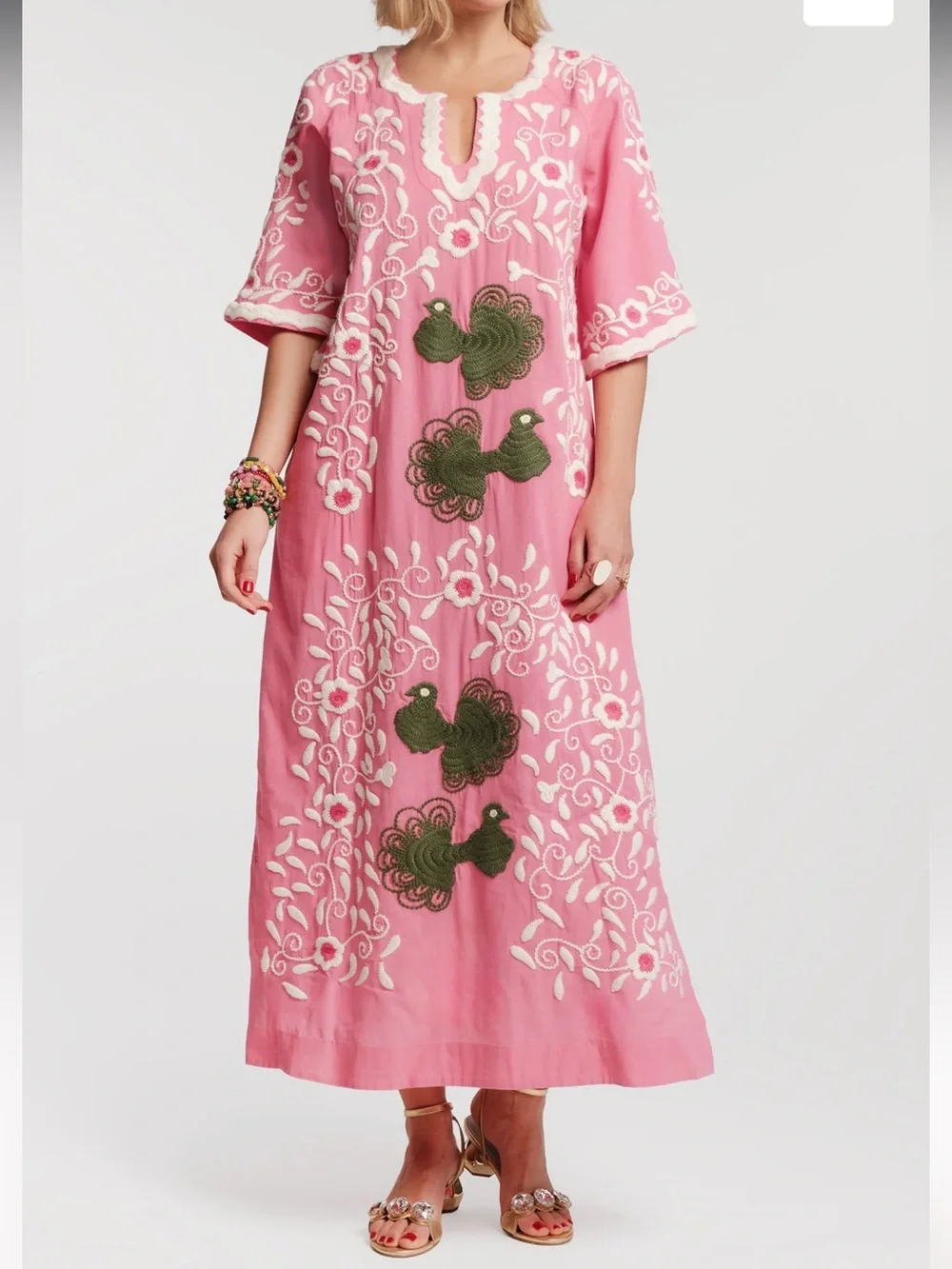 Frances Valentine Peacock Caftan Maxi Dress Women Small Pink Green White